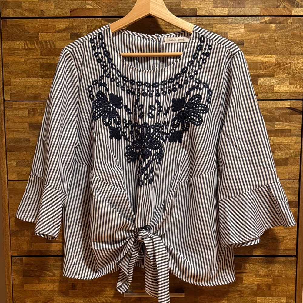 bishop + young Navy and White Striped Tie-Front Blouse with Navy Embroidery